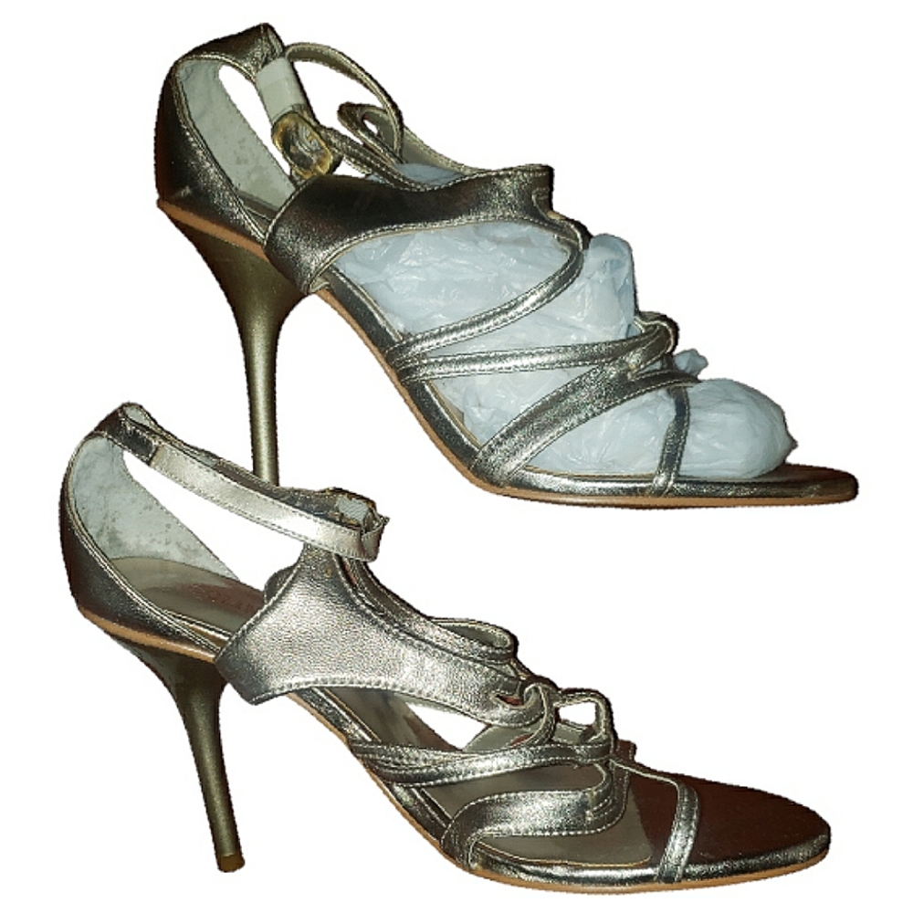 Colin Stuart Leather Open Toe Strappy Ankle Buckle Heels Metallic Gold Sz 7 New
